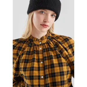 Checked Blouse with Raglan Sleeves and Ruffles on the High Collar for Women QS image-3