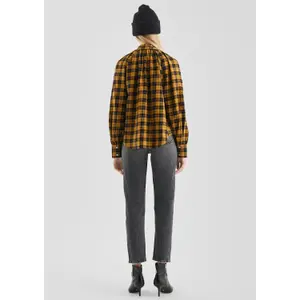 Checked Blouse with Raglan Sleeves and Ruffles on the High Collar for Women QS image-4