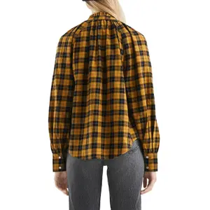 Checked Blouse with Raglan Sleeves and Ruffles on the High Collar for Women QS image-5