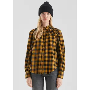 Checked Blouse with Raglan Sleeves and Ruffles on the High Collar for Women QS image-6