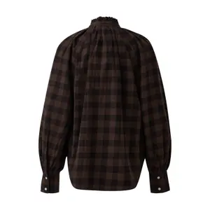 Checked Blouse with Raglan Sleeves and Ruffles on the High Collar for Women QS image-1