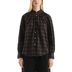 Checked Blouse with Raglan Sleeves and Ruffles on the High Collar for Women QS image-2