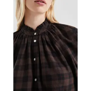 Checked Blouse with Raglan Sleeves and Ruffles on the High Collar for Women QS image-3