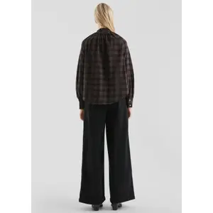 Checked Blouse with Raglan Sleeves and Ruffles on the High Collar for Women QS image-4