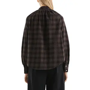 Checked Blouse with Raglan Sleeves and Ruffles on the High Collar for Women QS image-5