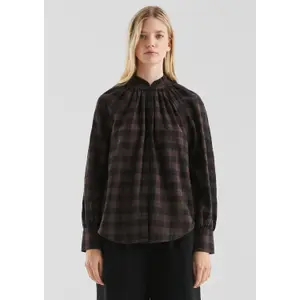 Checked Blouse with Raglan Sleeves and Ruffles on the High Collar for Women QS image-6