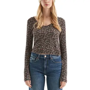 Ribbed V-Neck Jumper with All-Over Floral Pattern Women QS image-2