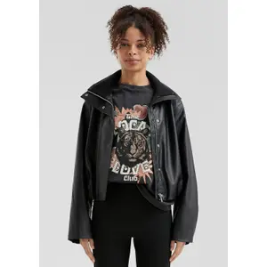 Women's Faux Leather High Collar Jacket QS image-6