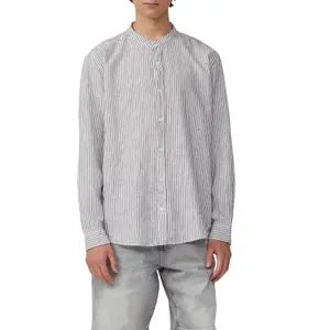 Striped Long Sleeve Mixed Linen Shirt QS image-2