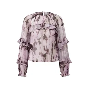 Slightly Sheer Chiffon Blouse with Ruffles and All-Over Print for Women QS image-0