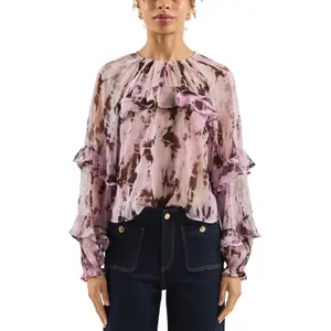 Slightly Sheer Chiffon Blouse with Ruffles and All-Over Print for Women QS image-2