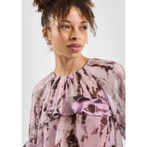 Slightly Sheer Chiffon Blouse with Ruffles and All-Over Print for Women QS image-3