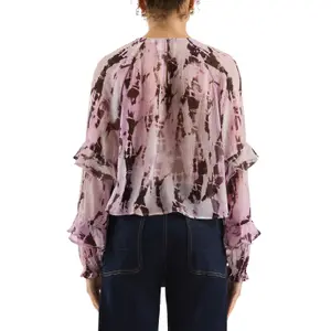 Slightly Sheer Chiffon Blouse with Ruffles and All-Over Print for Women QS image-5