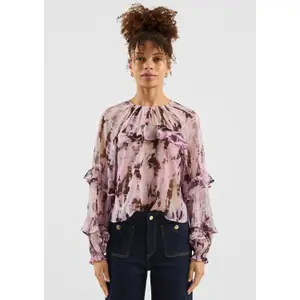 Slightly Sheer Chiffon Blouse with Ruffles and All-Over Print for Women QS image-6