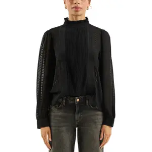 Sheer Chiffon Blouse with Piping and Ruffles on the High Neck Women's QS image-2