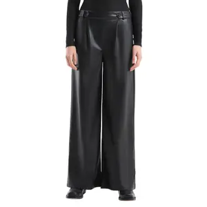 Women’s Wide Leg Elastic Waist Faux Leather Trousers QS image-2