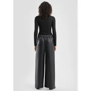 Women’s Wide Leg Elastic Waist Faux Leather Trousers QS image-4