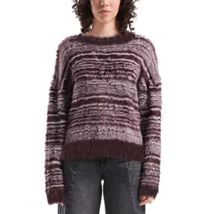Women’s Striped Fuzzy Knit Oversized Pullover QS image-2