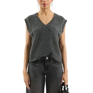Woman's Knit Top with Rhinestones at the Armholes QS image-2