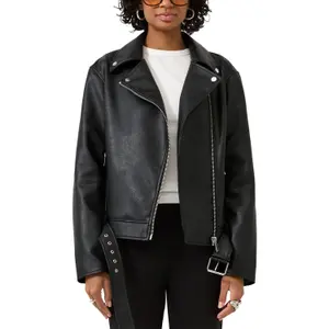 Women's Faux Leather Biker Jacket with Belt QS image-2