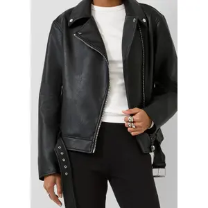 Women's Faux Leather Biker Jacket with Belt QS image-3