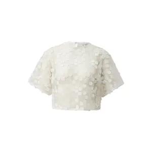Short Floral Relief Lace Blouse Women QS image-0