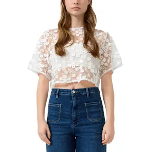 Short Floral Relief Lace Blouse Women QS image-2