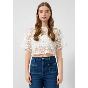 Short Floral Relief Lace Blouse Women QS image-6