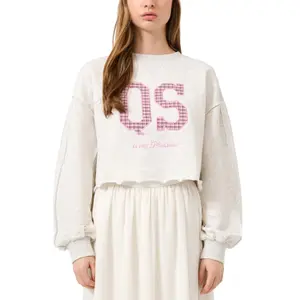 Women's Cropped Sweatshirt with Frayed Hem QS image-2