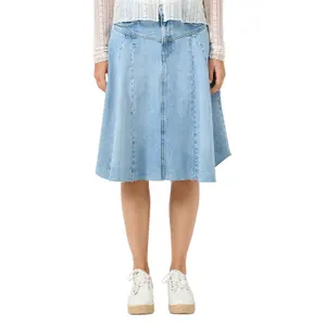 High-Waisted Flared Denim Skirt with Frayed Hem Women QS image-2
