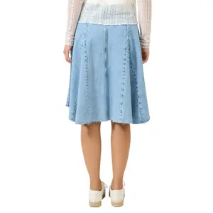 High-Waisted Flared Denim Skirt with Frayed Hem Women QS image-5