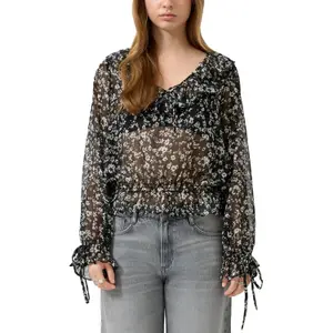 Transparent Floral Print Blouse for Women QS image-2