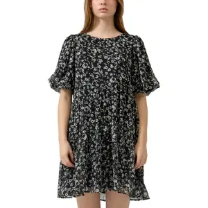 Floral Print Puff Sleeve Chiffon Dress Women QS image-2