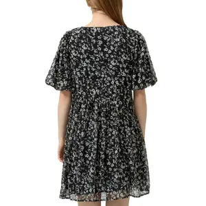 Floral Print Puff Sleeve Chiffon Dress Women QS image-5
