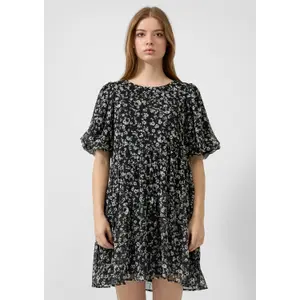 Floral Print Puff Sleeve Chiffon Dress Women QS image-6