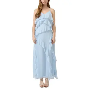 Long Chiffon Dress with Straps and Ruffles for Women QS image-2