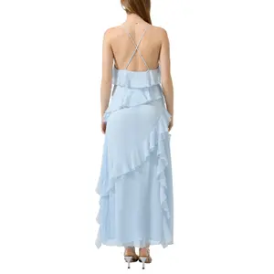 Long Chiffon Dress with Straps and Ruffles for Women QS image-5