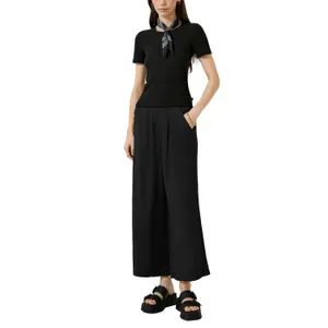 High-Waisted Linen Blend Culotte Trousers for Women QS image-6
