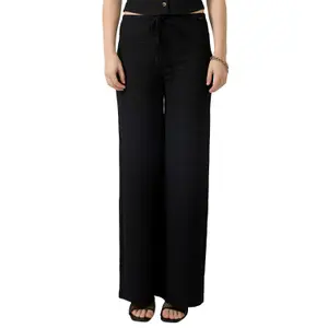Wide Structured Fabric Trousers with Elastic Waist for Women QS image-2