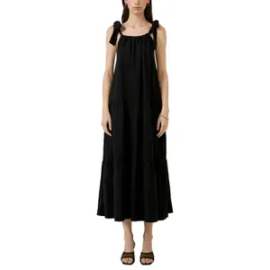 Long Linen Blend Dress with Bow Women QS image-2