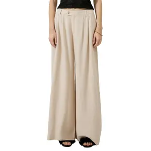 Women's Wide-Leg Linen Blend Pleated Trousers with Elastic Waistband QS image-2