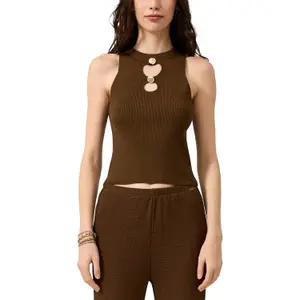 Women’s Fitted Knitted Tank Top with Cutouts and Gold Buttons QS image-2
