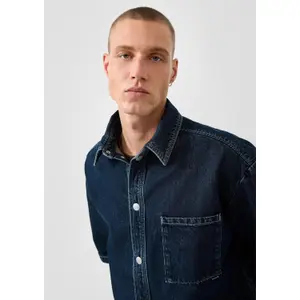 Faded Denim Overshirt with Shirt Collar and Patch Pocket QS image-3