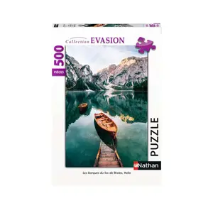 500-piece jigsaw puzzle the boats of lake braies, italy Ravensburger image-0