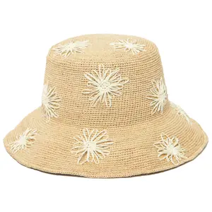 Crocheted Raffia Bucket Hat with Embroidered Flowers Women's San Diego Hat Sol