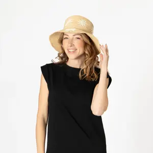 Crocheted Raffia Bucket Hat with Embroidered Flowers Women's San Diego Hat Sol image-2