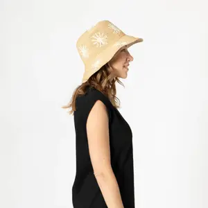 Crocheted Raffia Bucket Hat with Embroidered Flowers Women's San Diego Hat Sol image-3