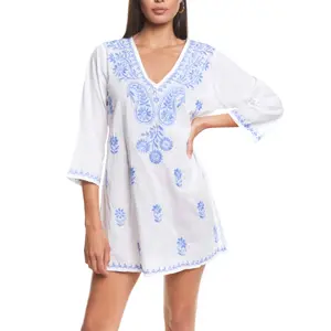 Embroidered short beach tunic for women Selmark Complementos image-0
