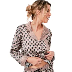 Satin Pyjama Hose und Langarmbluse für Damen Selmark P116 image-3