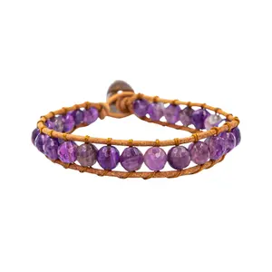 Bracelet en pierres Améthyste et cuir véritable femme Sloya Facelia image-0